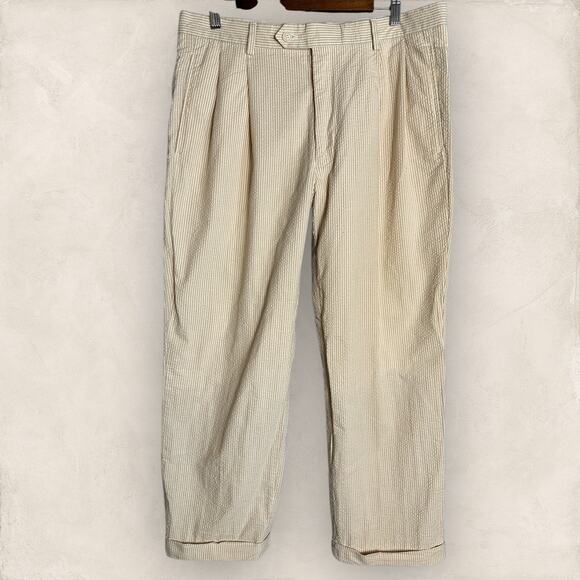 Jos A Bank Seersucker Trouser Pants Tan White Preppy Cuffed Pleated 34x28 - Picture 1 of 5